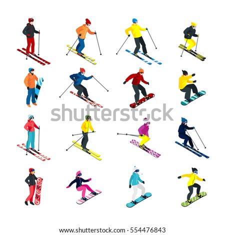 Isometric people doing skiing and snowboarding isometric set isolated vector illustration