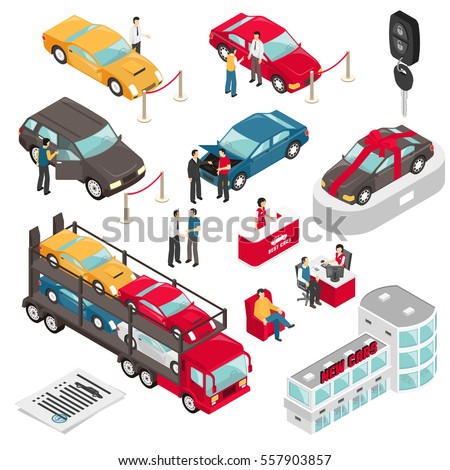 Car dealer luxury vehicles sale lease showroom isometric icons collection with auto trader and customers isolated vector illustration 