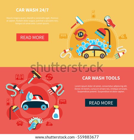 Set of two horizontal car wash 24/7 banners with doodle compositions and read more button vector illustration