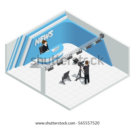 Isometric interior composition with video tv live news broadcast studio lighting kit camera host cameraman characters vector illustration