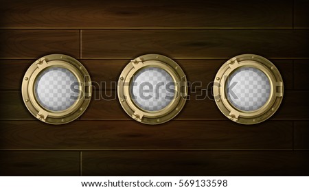 Ship golden  portholes cartoon set with wooden sides vector illustration 