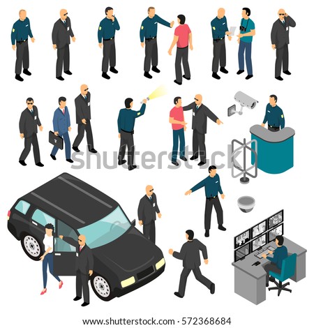 Security isometric set with personal guards and professional equipment checkpoint and surveillance system isolated vector illustration