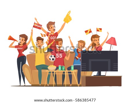 Colored sport fans watching tv on couch composition people with flags make up vector illustration