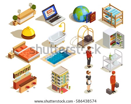 Hotel isometric icon set with guestroom beds bath reception desk room maid and bell attendant characters vector illustration