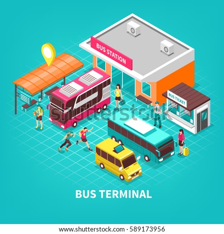 Bus terminal with building station public transport tourists and ticket office on turquoise background isometric vector illustration