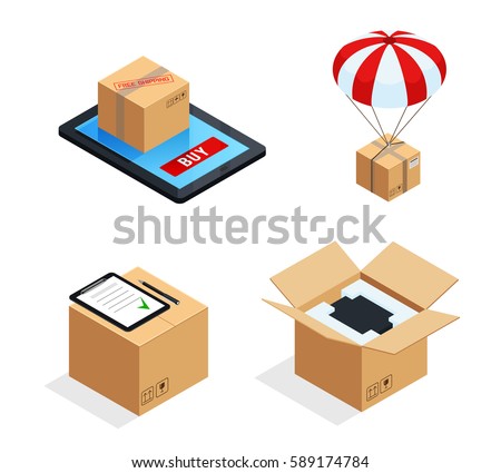 Set of four isolated isometric gadget delivery stages images online order parachute shipping receipt and unpacking vector illustration