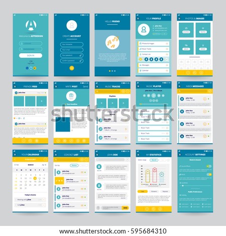 Set of mobile screens with UI for applications including music player photos and messages isolated vector illustration 