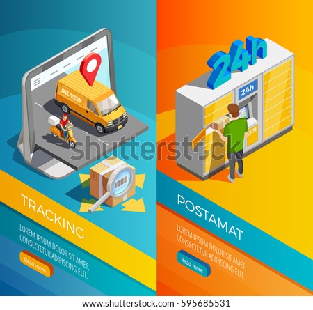 Delivery isometric vertical banners with transportation tracking and post parcel lockers compositions isometric vector illustration   