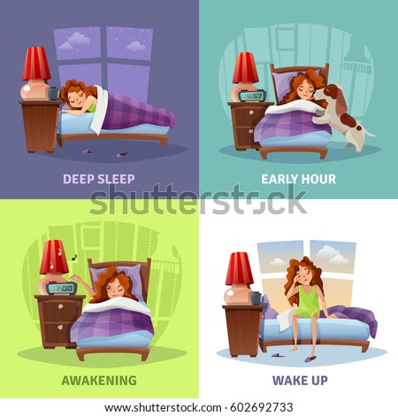 Morning awakening 2x2 design concept with cartoon compositions with young girl from deep sleep to wake up flat vector illustration