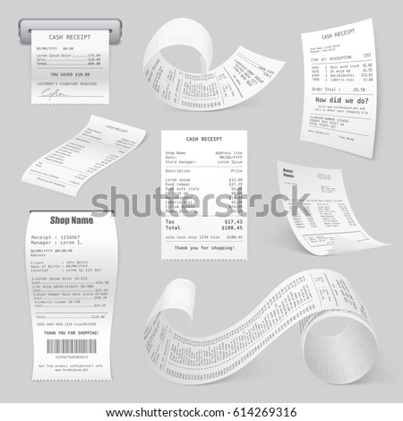 Cash register sales receipts printed on thermal rolled paper realistic samles set light gray background vector illustrations