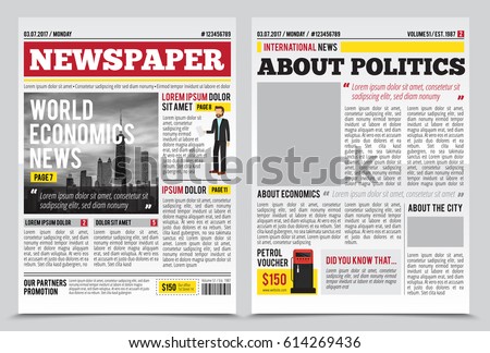 Daily newspaper journal design template with two-page opening editable headlines quotes text articles and images vector illustration