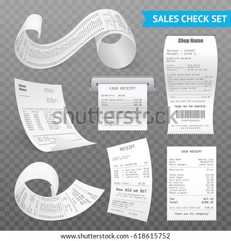 Cash register sales receipts printed on thermal rolled paper realistic images collection on transparent background vector illustrations