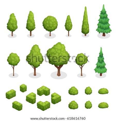 Isometric set of park plants with green trees and bushes of various shapes isolated vector illustration