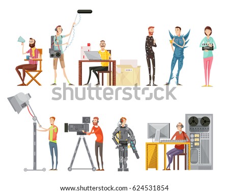 Set of making movie including actors director cameraman sound engineer lighting operator flat style isolated vector illustration 