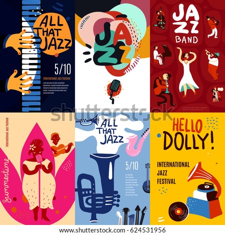 Colorful jazz festival musicians singers and musical instruments poster set flat isolated vector illustration