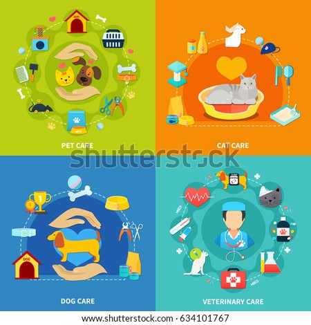Pet care acessories for home and vet clinic 2x2 isons set on colorful backgrounds flat isolated vector illustration