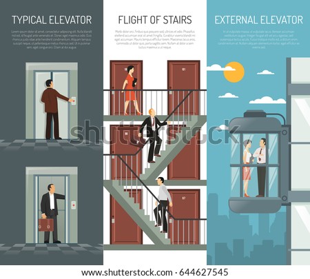 Three escalator stairs vertical banner set with typical elevator flight of stairs and external elevator descriptions vector illustration