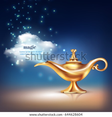 Aladdin lamp cloud conceptual composition of realistic golden vessel and magic particulate materials with editable text vector illustration