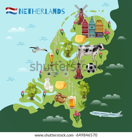 Holland travel sightseeing map with culture traditions national cheese beer clogs tulips and windmills symbols vector illustration 