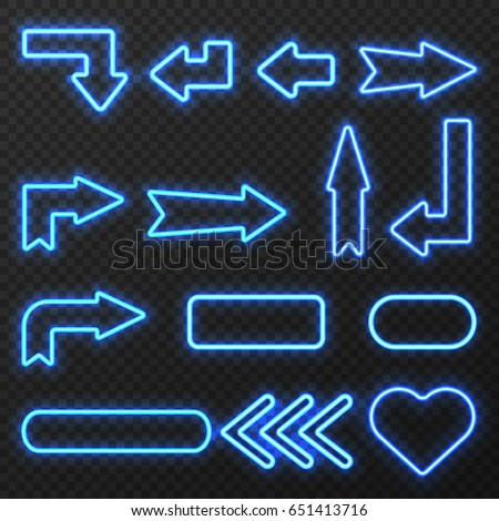 Glowing in night neon light outlined signs arrows and symbols set on black background isolated vector illustration 