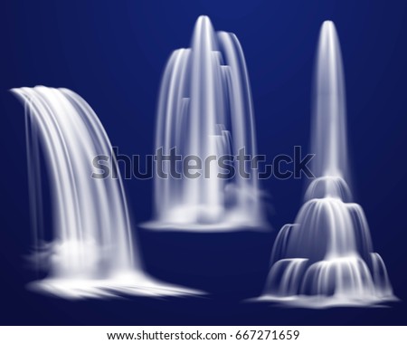 Set of realistic waterfalls of various shape and power on dark blue background isolated vector illustration 