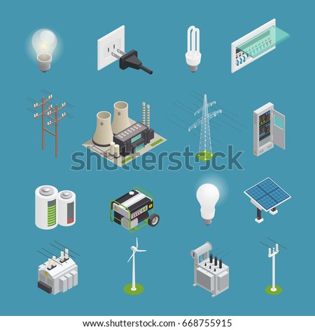 Power icons isometric set with electrical connector socket plug bulb and windmill energy generator isolated vector illustration 