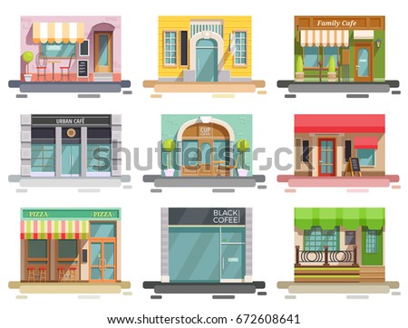 Cafe flat collection of nine isolated doodle style images with storefronts and different interior design elements vector illustration
