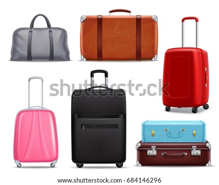 Business and family vacation travel luggage with handbag baggage modern and retro items collection realistic vector illustration