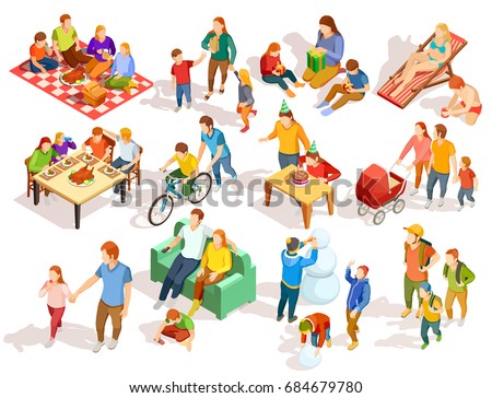 Families spending free time with their children in different places colorful isometric icons set isolated on white background vector illustration