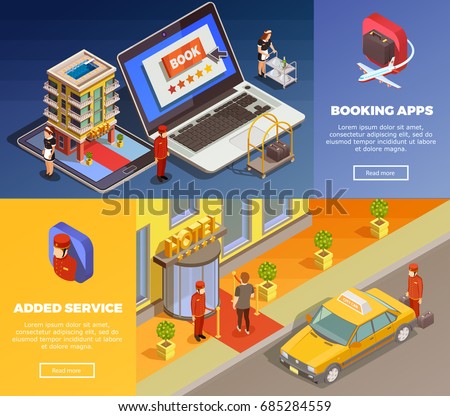 Hotel booking applications with added service isometric infographic colorful horizontal banners set isolated vector illustration