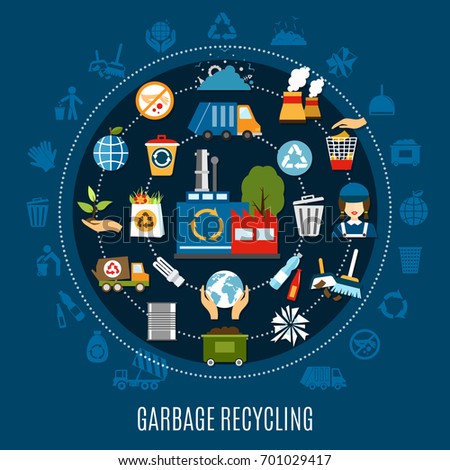 Garbage recycling circle composition with isolated silhouette icons and waste treatment pictograms located along concentric circles vector illustration