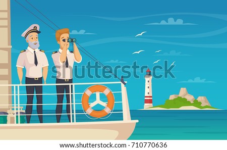 Yacht cruise liner captain and first chief officer on bow front of the ship cartoon vector illustration 