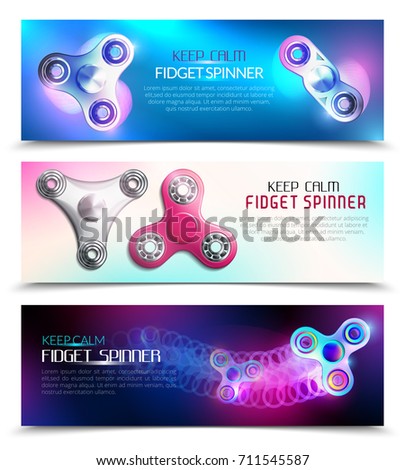 Three hand spinner toys horizontal banner set with keep calm fidget spinner headlines vector illustration