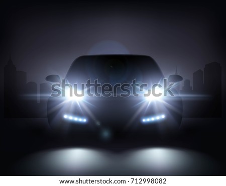 Car lights realistic composition of night urban scenery and stylish automobile silhouette with headlights and shadows vector illustration