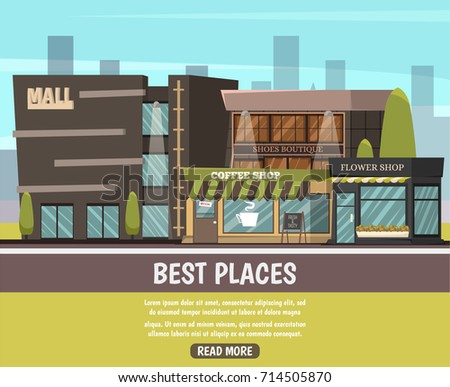 Shops in city with fashion boutique and mall symbols orthogonal vector illustration 