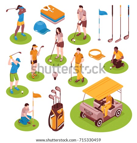 Golf isometric icons set with equipment symbols isolated vector illustration