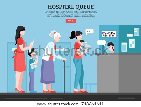 Hospital queue with people room and registry service flat vector illustration