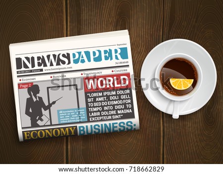 Morning world news realistic poster with black coffee with lemon and newspaper on wood background vector illustration 