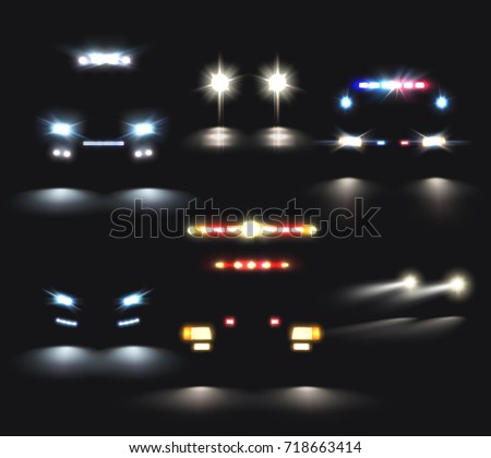Car lights set of realistic headlight and light bar images and compositions of car silhouettes vector illustration