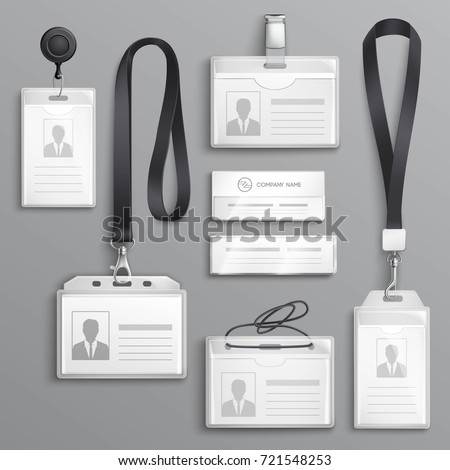 Employees identification card id badges holders with  lanyards cord and strap clips black realistic samples set vector illustration 