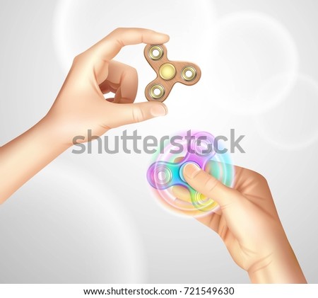 Fidget spinner device in hand and rotating between fingers on light blurred bubbles background realistic vector illustration 