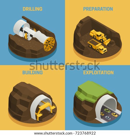 Stages of tunnel construction process isometric 2x2 icons set isolated on colorful backgrounds 3d vector illustration