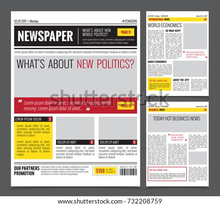 Daily newspaper colored template for website design with three page layout headlines quotes and text articles flat vector illustration  