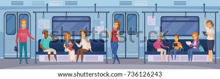 Subway underground train car interior with commuting passengers sitting reading standing with tablet cartoon vector illustration