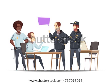 Police department design concept with employees on duty and visiting fbi officers  cartoon vector illustration