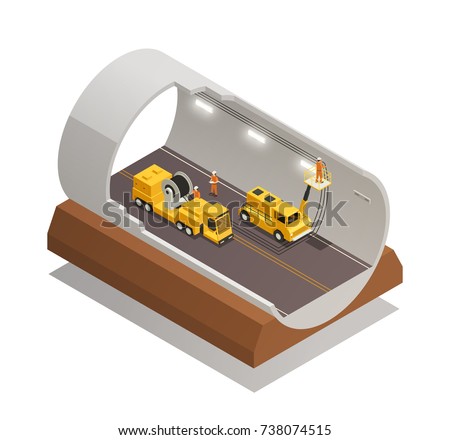 Finishing tunnel construction for highway isometric composition on white background 3d vector illustration
