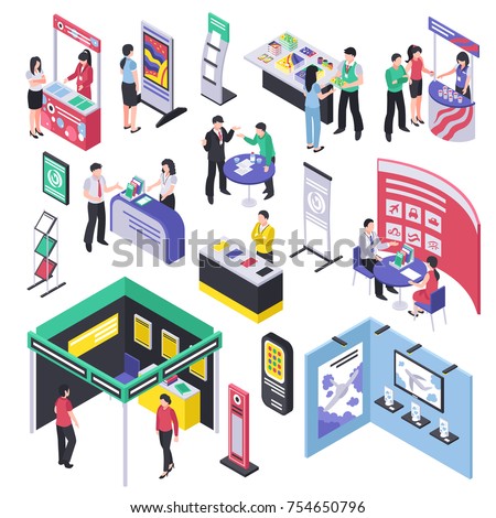 Isometric expo stand trade show exhibition set of isolated exhibit racks stands booth elements and people vector illustration