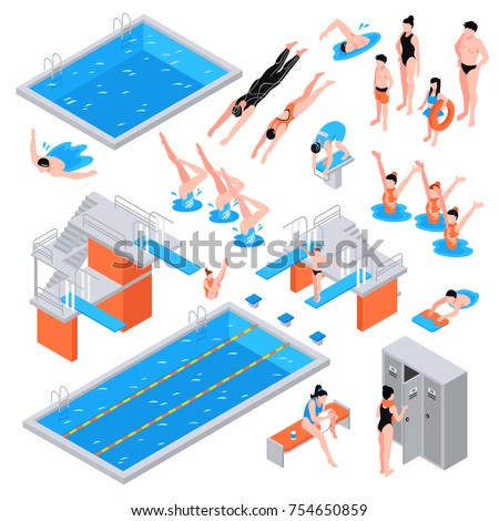 Isometric swimming pool set of isolated pool elements icons of equipment plungers and swimmers human characters vector illustration