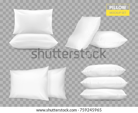 Realistic white bed room rectangle pillows side en top view  combinations mockup set transparent background vector illustration 