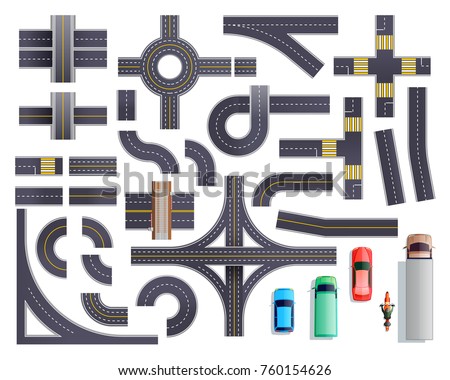 Set of road parts with roadside and marking including intersections, junctions, crosswalks, bridges, vehicles isolated vector illustration